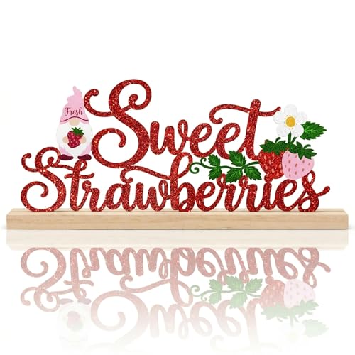Sweet Strawberries Summer Table Decorations Red Strawberries Metal Table Sign with Wooden Base Cute Summer Tiered Tray Decor Strawberry Tabletop Centerpiece for Kitchen Home Party Centerpieces - style: Sweet Strawberries