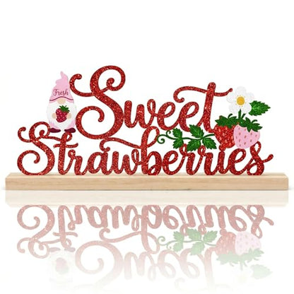 Sweet Strawberries Summer Table Decorations Red Strawberries Metal Table Sign with Wooden Base Cute Summer Tiered Tray Decor Strawberry Tabletop Centerpiece for Kitchen Home Party Centerpieces - style: Sweet Strawberries