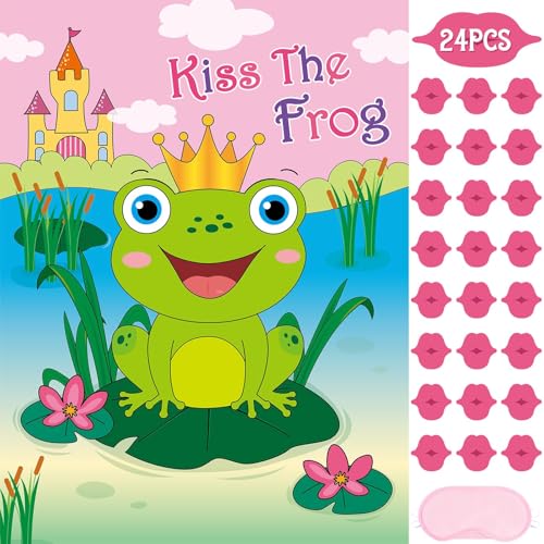 WERNNSAI Valentines Party Game - Pin The Kiss On The Frog Valentines Day Party Games Valentine Frog Pin Game for Classroom Family School Activities 21'' x 28" Poster with 24 PCS Stickers - style: Frog