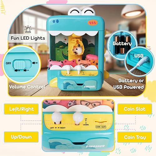 Claw Machine for Kids - Mini Arcade Game - Vending Machine - Candy Grabber Toys - Silent Mode, Lights, USB - Plush Toys & Easter Eggs, Surprise Stickers - Fun Gift for Kids, Boys & Girls (Dinosaur) - style: Dinosaur