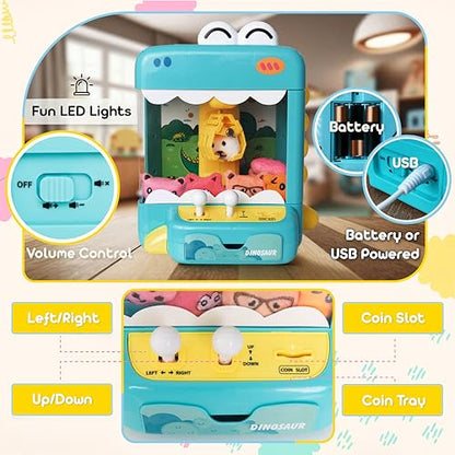 Claw Machine for Kids - Mini Arcade Game - Vending Machine - Candy Grabber Toys - Silent Mode, Lights, USB - Plush Toys & Easter Eggs, Surprise Stickers - Fun Gift for Kids, Boys & Girls (Dinosaur) - style: Dinosaur