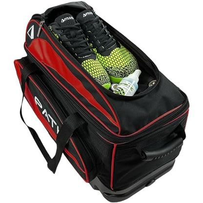 Pyramid Path Premium Deluxe 2 Ball Double Roller Bowling Bag With Large Separate Shoe Compartment (Up To US Mens Size 15) and Oversized Accessory Pocket, Retractable Locking Handle - Extends to 37" - color: 1-Red