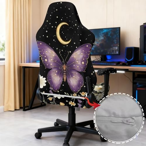 Suobstales Butterfly Moon Flower Print Game Chair Cover with 1 Pair Armrest Cover, Anti-Scratch Protection Rotating Chair Slipcovers, Stretchy Covers for Racing Gaming Chair - color: Butterfly Moon Flower