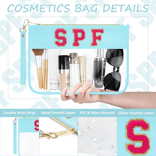 BuyCard Preppy Patch SPF Clear Cosmetic Bag Chenille Letter Makeup Pouch Transparent Nylon & PVC Travel Zipper Pouch Organizer Sunscreen Toiletry Bag Waterproof Summer Beach Gifts for Women Girls - color: Blue-SPF