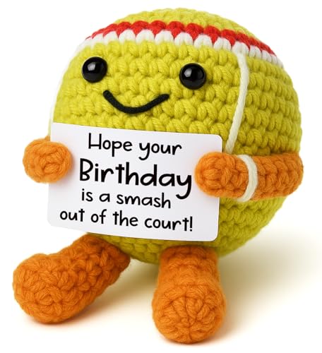 Mini Positive Crochet Tennis Ball Gifts for Women Men - Handmade Crochet Tennis Ball, Motivational Encouragement Christmas White Elephant Gift for Tennis Balls Lover Coworker Friend Coach - style: Happy Birthday