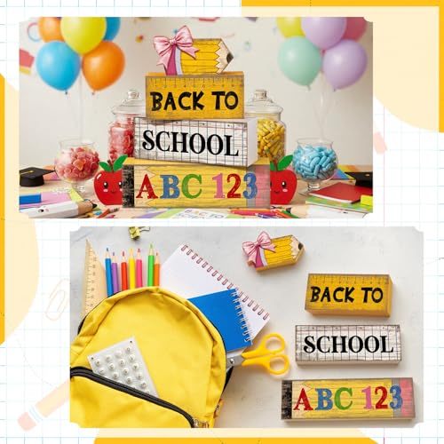 Lineshading 4 Pcs Back to School Table Decorations Wooden Pencil Stacked Block Decor, "ABC 123" Signs with Pencil Topper, Rustic Back to School Tiered Tray Decoration for Home Classroom Teacher Desk - style: Back to School 2