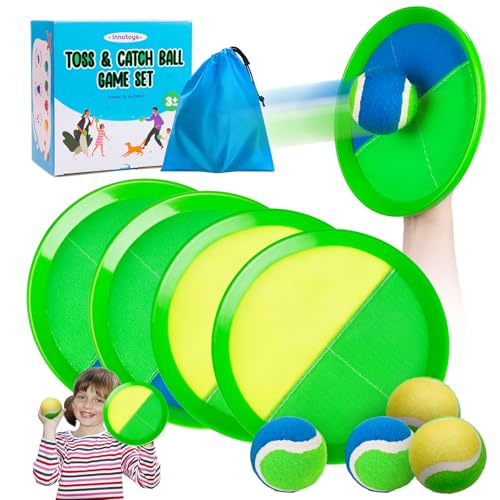 Toss and Catch Ball Game Set, 4 Paddles and 4 Balls Outdoor Paddle Catch Game for Kids, Backyard Beach Pool Yard Toy, Summer Birthday Gift for Boys Girls Ages 4-12 - color: Green Blue+yellow Green