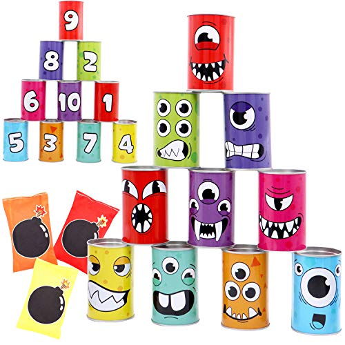 JOYIN 13 Pcs Carnival Bean Bag Toss, Knockdown Can Game Set, Holiday & Birthday Party Games, Outdoor Lawn Yard Activity for Kids Party Favors, Easter Egg Hunt for Classroom Gifts (Monster Style) - style: Monster