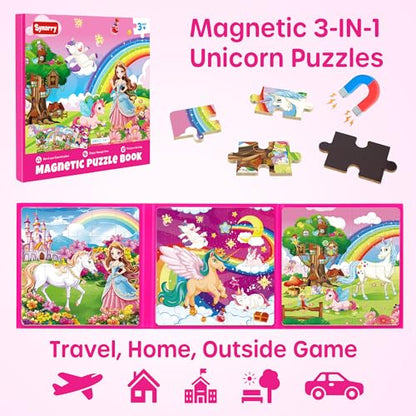 SYNARRY Unicorn Princess Fairy Magnetic Puzzles for Toddlers 3-5 Girls, 20 Pieces Travel Puzzles for Kids Ages 4-6, Easter Basket Stuffers for Kids, Car Airplane Road Trip Activities Magnet Games Toy - style: Unicorn