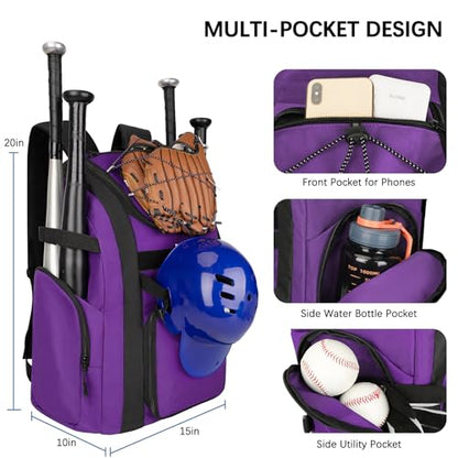 Goloni Baseball Bag, 60L Capacity Softball bag Holds 4 Bats for Youth & Adult, Baseball Bat Backpack with Shoes Compartment,Helmet Holder,Fence for Hook T-Ball, Softball Equipment, Baseball Gear - color: Purple