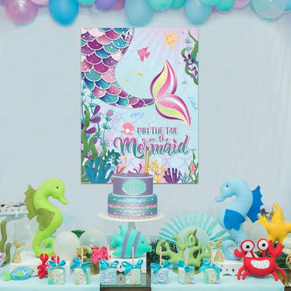 Faccito Stick Tail on The Mermaid Party Game Mermaid Games Set Include 21 x 28 Inch Large Poster 24 Pcs Reusable Tail Stickers Blindfold Ocean Sea Theme Party Supplies Birthday Favors - style: Mermaid