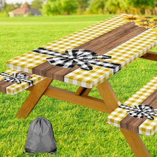 Picnic Table Cover with Bench Covers, Sunflower Buffalo Plaid Farmhouse Wood Waterproof Elastic Fitted Tablecloths Outdoor Camping Essentials, with Drawstring Bag, 60in, Yellow - color: Yellow, size: 30X60inch