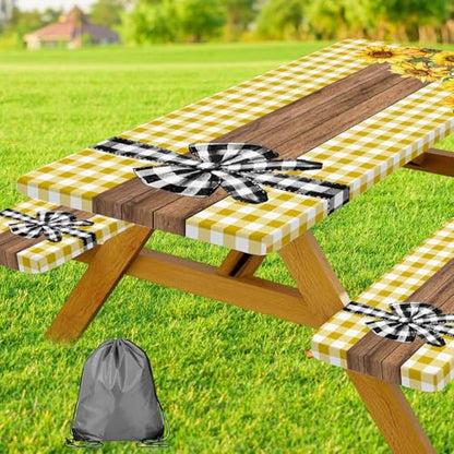 Picnic Table Cover with Bench Covers, Sunflower Buffalo Plaid Farmhouse Wood Waterproof Elastic Fitted Tablecloths Outdoor Camping Essentials, with Drawstring Bag, 60in, Yellow - color: Yellow, size: 30X60inch