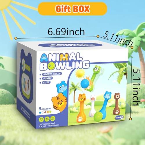 Mini Toddler Bowling Set Ages 1-5 with 10 Plastic Pins (5 Forest Animals) and 2 Balls, Lightweight Indoor Montessori-Inspired First Birthday Gift for Toddler Boys Girls