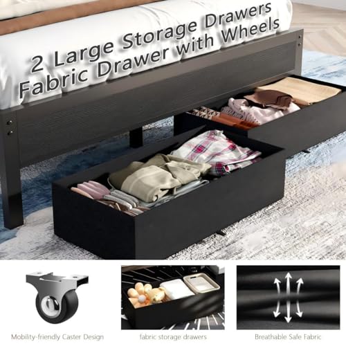 Furnulem Queen Bed Frame with Charging Station and LED Lights, Grey Upholstered Headboard with Shelves, Metal Platform Bed with 2 Under-Bed Storage (Fabric Drawer on Wheels), No Box Spring Needed - size: Queen