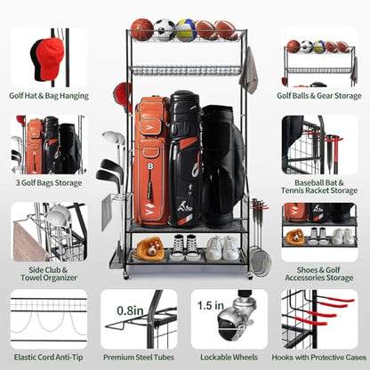 SmarketBuy Golf Bag Storage Organizer for Garage – 3 Golf Bags Rack with Wheels, Heavy Duty Steel Golf Equipment Storage Stand with Club Display Shelf & 4 Hooks, 300 lbs Capacity