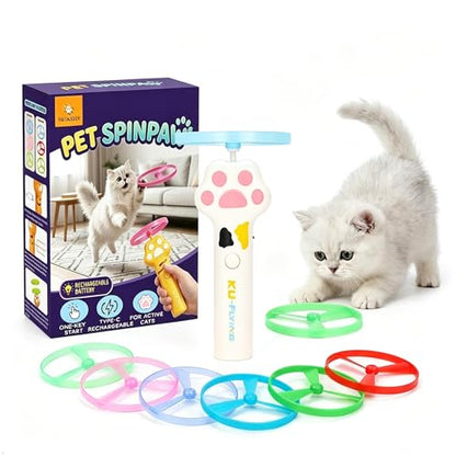 Cat Fetch Toy Automatic Disc Launcher 6 Discs USB-C White | Automatic launcher with 6 discs (3 Glow-in-Dark). 30m range. USB-C rechargeable 1200mAh battery. Interactive toy for cats.