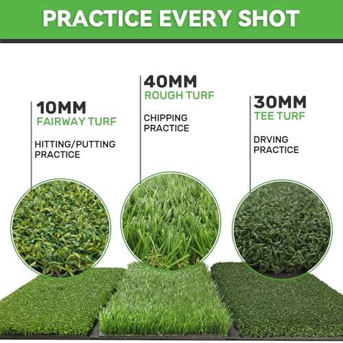 COSPOPTIC Golf Hitting Mat with Swing Path Feedback, Heavy-Duty Rubber Base Anti-Slip Golf Training Mat, Extra Replaceable Surface, Portable Practice Mat for Home Office Garage Yard Indoor Outdoor - style: Tri-Turf mat