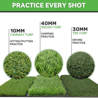COSPOPTIC Golf Hitting Mat with Swing Path Feedback, Heavy-Duty Rubber Base Anti-Slip Golf Training Mat, Extra Replaceable Surface, Portable Practice Mat for Home Office Garage Yard Indoor Outdoor - style: Tri-Turf mat