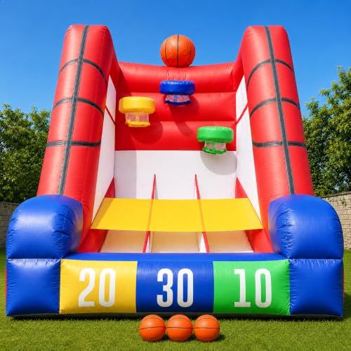 12Ft Inflatable Basketball Challenge Game, Commercial Grade PVC Basketball Game with 3 Balls & Air Blower, Multi-Player Inflatable Carnival Game for Outdoor Fun, Home & Rental Use - style: Basketball