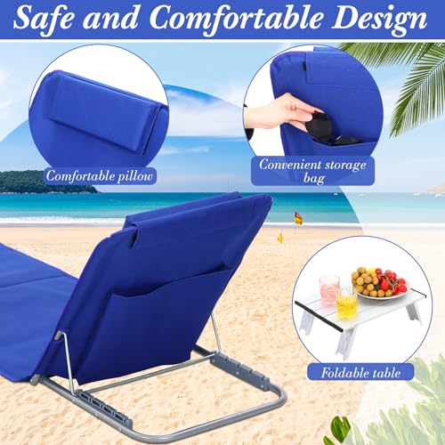 Beeveer 4 Pack Beach Lounge Chaise Chairs with 2 Folding Side Tables Portable Tanning Chair 5 Position Adjustable Lightweight for Sunbathing, Outdoor Yard, Lawn,Camping(Deep Blue)