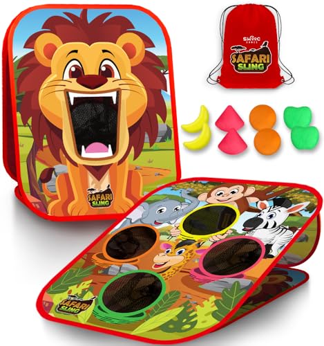 Swooc Games® - Safari Sling | 2-in-1 Bean Bag Toss Game for Kids | 5-Second Setup Kids Cornhole Game Set | Outdoor Toddler Activities | Backyard Party Games | Corn Hole Set Toddler Bean Bag Toss