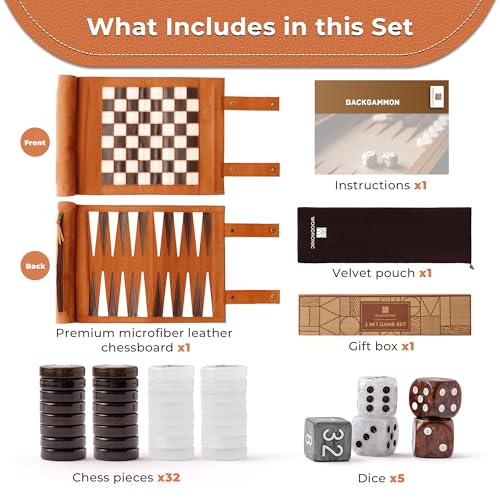 Woodronic 3 in 1 Travel Chess Backgammon Checkers Set, Roll-up Leather Backgammon Set with 32 Premium Pearl Pieces and 5 Dices, Portable Travel Chess Board Game Set for Adult,14x10 Inch - color: Brown