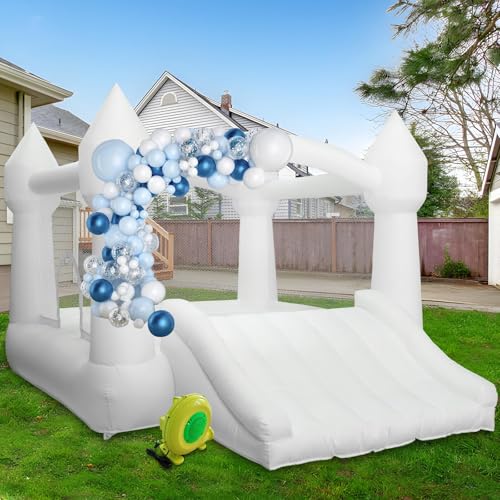 AKSPORT Inflatable White Bounce House,Castle Bounce House for Kids 3-6 Indoor & Outdoor Inflatable Bouncer House with Slide & Air Blower & Balloons for Kids Birthday Party,Wedding Party - style: 11.97x8.98x7.15ft-white