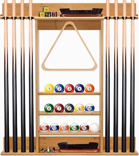 Pool Cue Rack, Bamboo Pool Sticks Holder Wall Mount, Holds 8 Cues and Full Set of Balls, Pool Table Accessories Organizer for Billiard Room or Club - color: Bamboo
