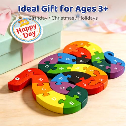 LovesTown Wooden Puzzles for Kids, Double Sided Snake Jigsaw with Alphabet & Numbers, Montessori Educational Toy for Toddlers, Chunky Animal Gift - size: Medium, style: Snake