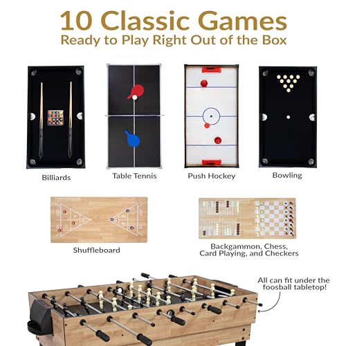 Sunnydaze 10-in-1 Game Table - Combination Multi-Game Table with Billiards, Push Hockey, Foosball, Ping Pong, Chess, Checkers, Backgammon, Bowling, Shuffleboard, Card Games - Classic Wood Stain
