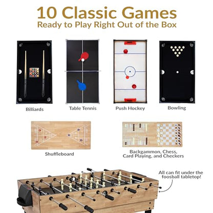Sunnydaze 10-in-1 Game Table - Combination Multi-Game Table with Billiards, Push Hockey, Foosball, Ping Pong, Chess, Checkers, Backgammon, Bowling, Shuffleboard, Card Games - Classic Wood Stain