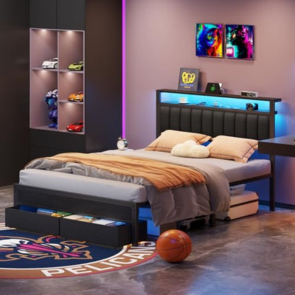 Furnulem Queen Bed Frame with Charging Station and LED Lights, Grey Upholstered Headboard with Shelves, Metal Platform Bed with 2 Under-Bed Storage (Fabric Drawer on Wheels), No Box Spring Needed - size: Queen
