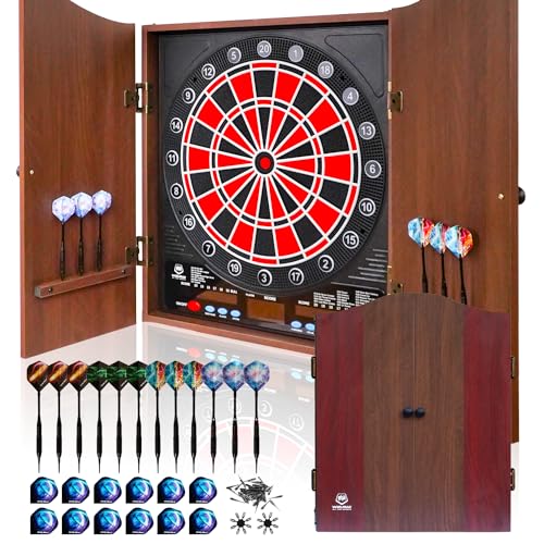 Electronic Dart Board, Soft Tip Dartboard Cabinet Set for Adults, LCD Scoring Dartboard with 34 Games & 355 Variants, Up to 8 Players,12 Darts+100 Tips, Wall Mount for Man Cave Bar Game Room - color: Brown with Red