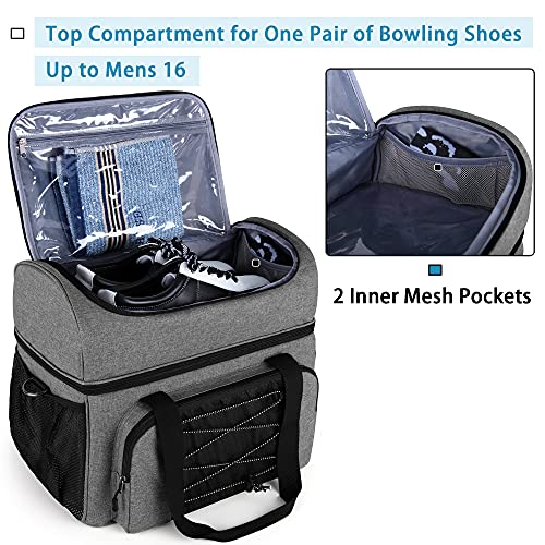 DSLEAF Bowling Bag for 2 Balls, Bowling Tote with Wooden Bowling Cups and Padded Divider for Double Ball and A Pair of Bowling Shoes Up to Mens 16 and Extra Essentials (Patent Design), Bag Only - color: grey