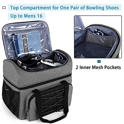 DSLEAF Bowling Bag for 2 Balls, Bowling Tote with Wooden Bowling Cups and Padded Divider for Double Ball and A Pair of Bowling Shoes Up to Mens 16 and Extra Essentials (Patent Design), Bag Only - color: grey