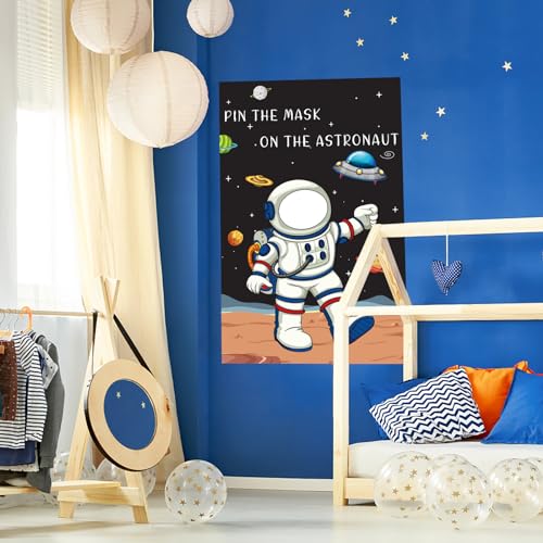 Hooqict Pin The Mask on The Astronaut Space Party Games for Kids Birthday Game Astronaut Solar System Outer Space Themed Party Decorations, Large Poster with 24 Mask Stickers - style: Astronaut