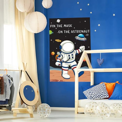 Hooqict Pin The Mask on The Astronaut Space Party Games for Kids Birthday Game Astronaut Solar System Outer Space Themed Party Decorations, Large Poster with 24 Mask Stickers - style: Astronaut