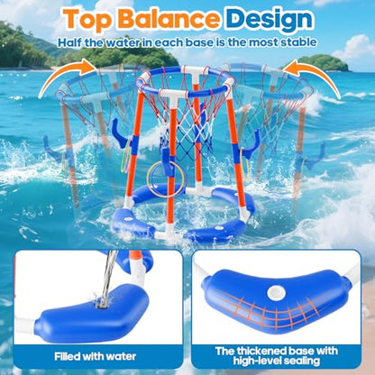 AIGIMU Pool Basketball Hoop, 2-in-1 Floating Pool Toys Ring Game with 4 Balls and Pump, Outdoor Swimming Pool Games for Kids Adults Water Basketball for Pool Basketball Games for Outdoor Indoor Play