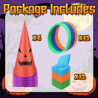 Soulchen 36 Pcs Carnival Games Set 3 in 1 Soft Plastic Cones Cornhole Bean Bags Ring Can Toss Carnival Games Combo for Adults Birthday Party Field Indoor Outdoor Supplies - style: Grimm Pumpkin