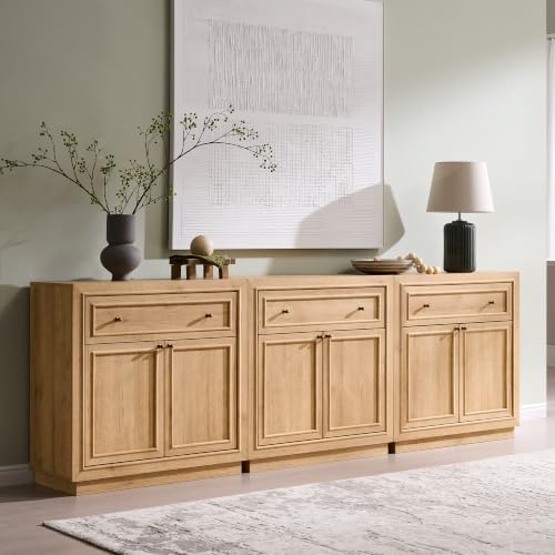 ACCOHOHO Modern Farmhouse Buffet Cabinet, 94.5" Sideboard Credenza, Modular Storage Cabinet with Framed Panel Fronts, 6 Doors, 3 Drawers, Adjustable Shelves & Dual Base Design, Natural Oak - color: Natural Oak, size: 3 Piece