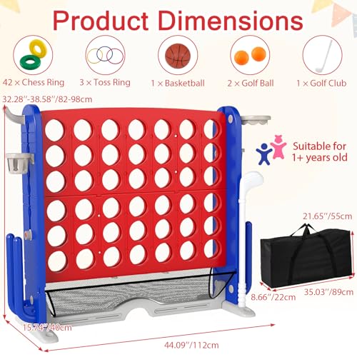 OLAKIDS Giant Connect Game Outdoor, 4 in A Row with Adjustable Height, Mesh Net, Carry Bag, Golf, Basketball Hoop, Ring Toss, Cup Holder for Kids Adults Indoor Backyard (Red) - color: Red