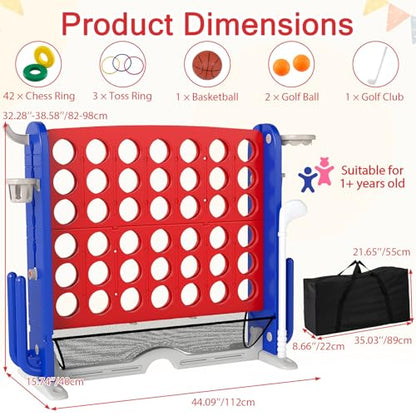 OLAKIDS Giant Connect Game Outdoor, 4 in A Row with Adjustable Height, Mesh Net, Carry Bag, Golf, Basketball Hoop, Ring Toss, Cup Holder for Kids Adults Indoor Backyard (Red) - color: Red