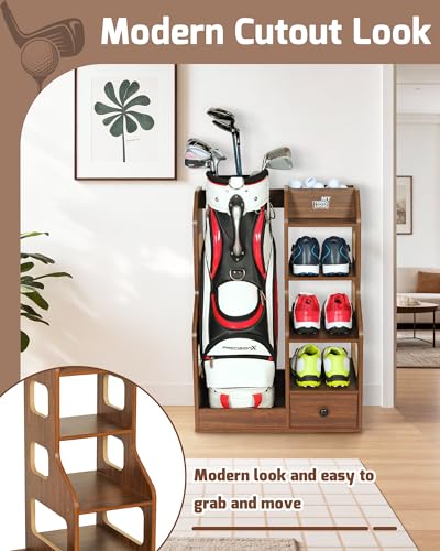 Mythinglogic Wooden Golf Bag Storage Rack, Golf Organizer with Shoe Shelves, Ball Holder & Drawer, MDF Golf Equipment Storage Cabinet for Home, Garage or Simulator Room - size: 1 golf bag rack-Brown