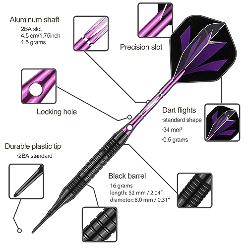 Darts Plastic Tip Set - 18g 21g Colorful Rainbow Soft Tip Darts 50 Anti-Loose O-Rings 6 Shaft (Aluminum/Nylon 45mm) 6 Durable Flights Extra 50 Soft Tips Electronic Dartboard - color: Purple-DART-D