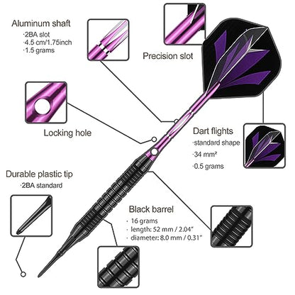 Darts Plastic Tip Set - 18g 21g Colorful Rainbow Soft Tip Darts 50 Anti-Loose O-Rings 6 Shaft (Aluminum/Nylon 45mm) 6 Durable Flights Extra 50 Soft Tips Electronic Dartboard - color: Purple-DART-D