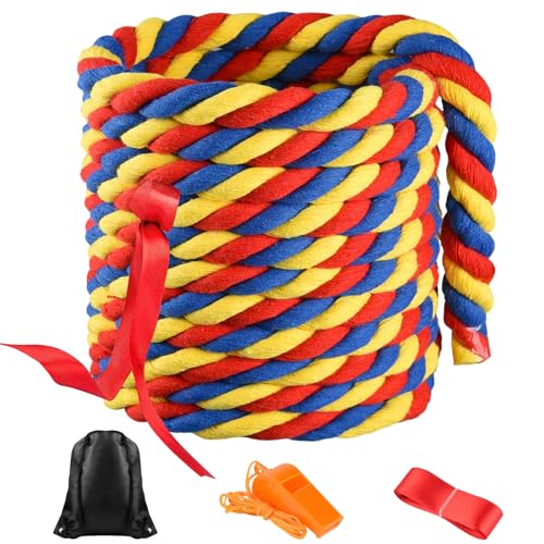 NEBURORA 20FT Tug of War Rope for Adults Outdoor Games Field Day Family Reunion Summer Outside Yard Backyard Lawn Camping Picnic Carnival Party Games - color: Red, Yellow and Blue