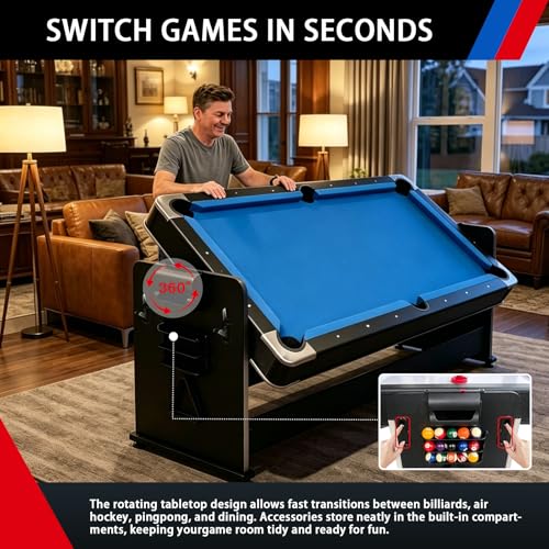 7FT Pool Table Dining Table Combo, 4-in-1 Multi-Game Table with Air Hockey & Ping Pong Tabletop, Convertible Billiard Table for Adults, Indoor/Outdoor Pool Table - color: Blue