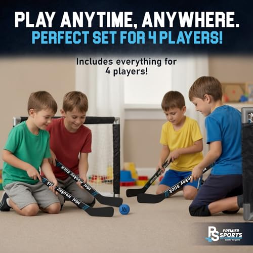 Premier Sports Mini Hockey Set – Complete 4-Player Indoor Kit with (2) Mini Goals, (4) Mini Sticks, and (2) Foam Balls