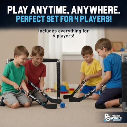 Premier Sports Mini Hockey Set – Complete 4-Player Indoor Kit with (2) Mini Goals, (4) Mini Sticks, and (2) Foam Balls